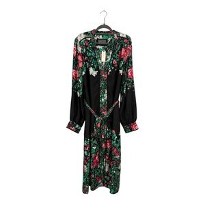 Anthropologie NEW XL Floral Midi Shirt Dress Black Red V-Neck Long Sleeves Belt